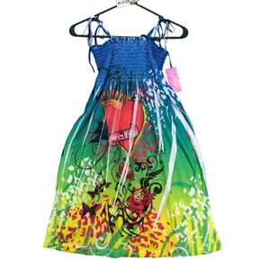 NWT InGear Green Love Tattoo Graphic Mini Dress Sz M Smocked Tie Straps Festival